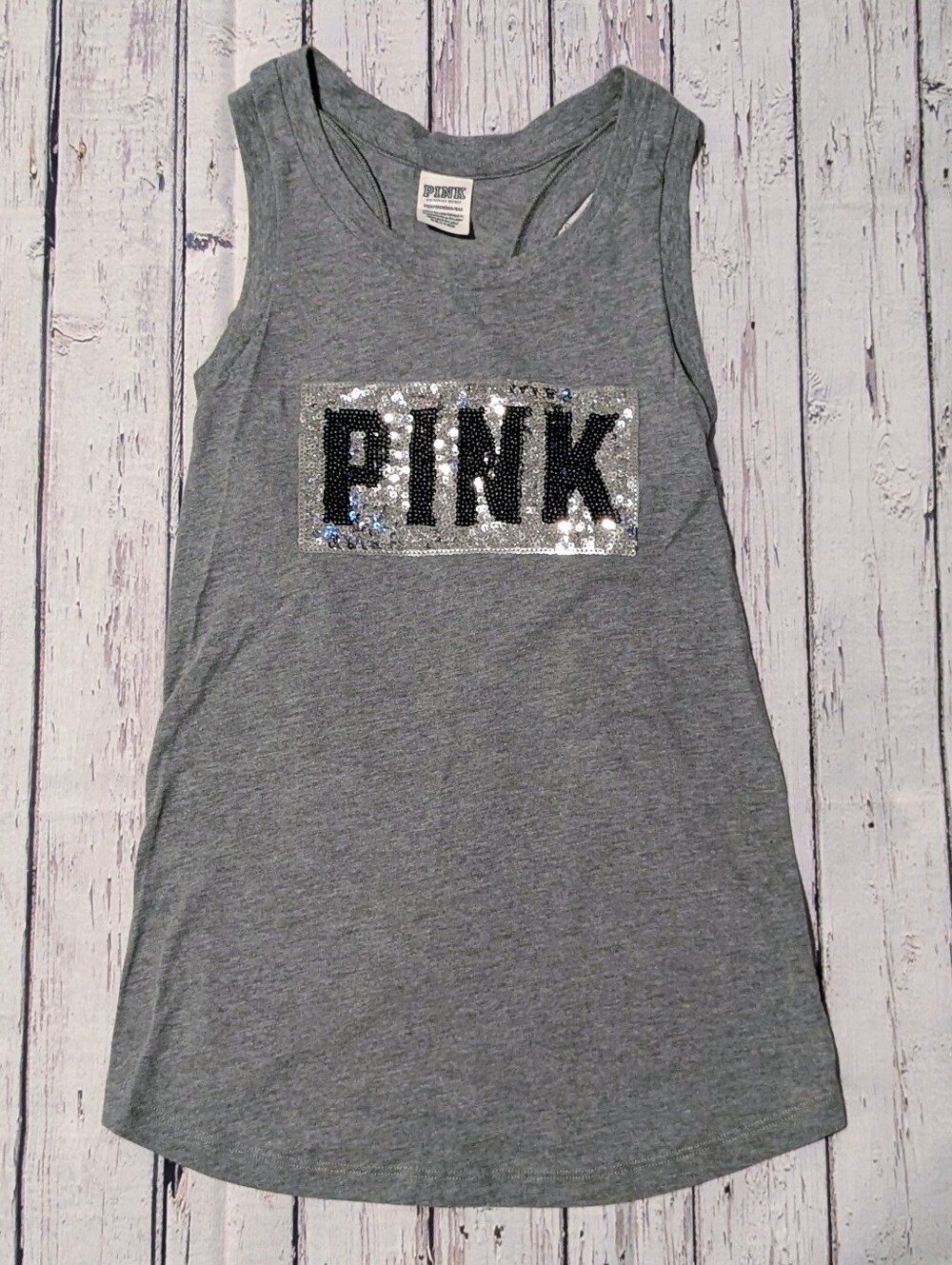 PINK Victoria's Secret Gray Sequin Logo Tank